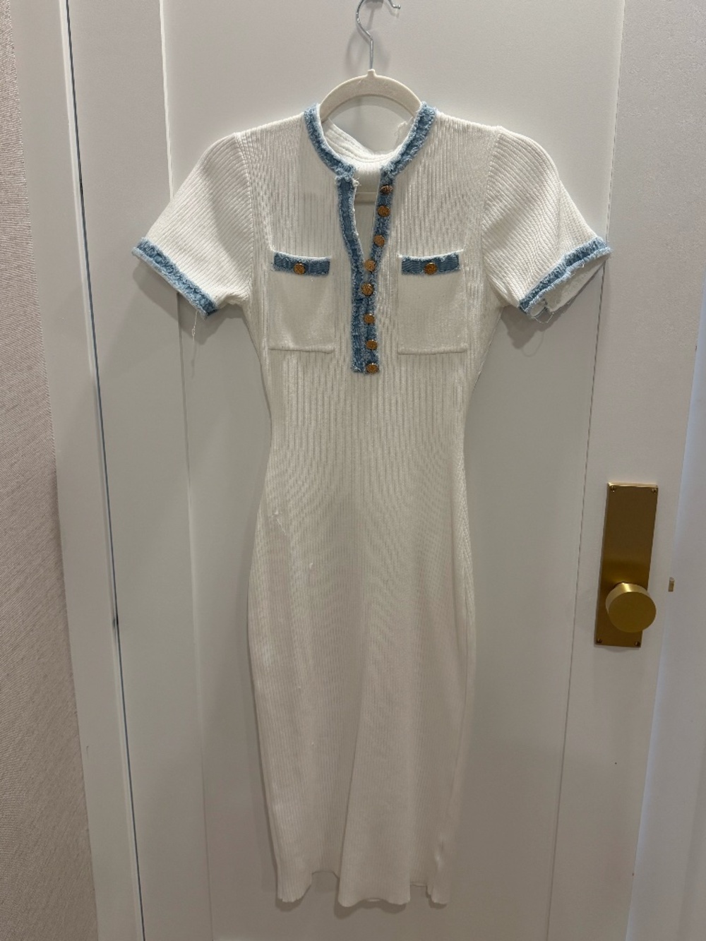 White Ribbed Knit Dress with Blue Denim Trim